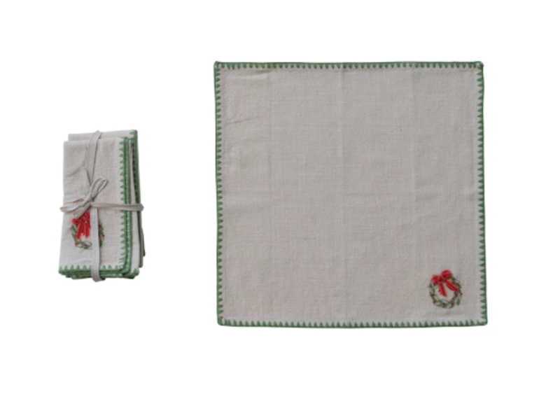 Creative Co-OP Napkins with Embroidered Wreath & Appliqued, Set of 4 ©