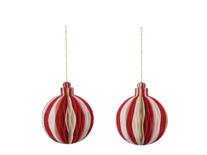 Creative Co-OP Paper Folding Honeycomb Ornament w/ Gold Glitter Edge, Cream Color & Red, 7" round