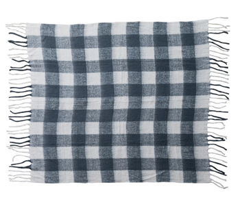 Woven Acrylic Throw with Fringe, Charcoal Color & White Plaid