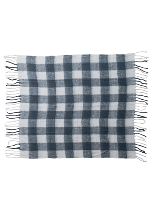 Woven Acrylic Throw with Fringe, Charcoal Color & White Plaid