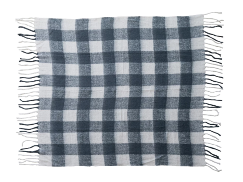 Creative Co-OP Woven Acrylic Throw with Fringe, Charcoal Color & White Plaid