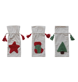 Creative Co-OP Woven Drawstring Wine Bag with Tufted Holiday Icon & Tassels, 3 Styles