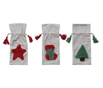 Woven Drawstring Wine Bag with Tufted Holiday Icon & Tassels, 3 Styles