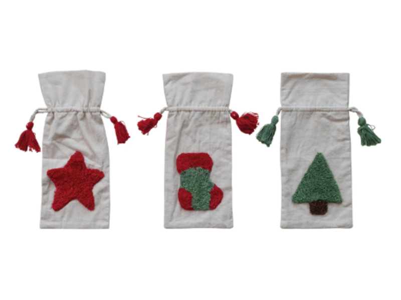 Creative Co-OP Woven Drawstring Wine Bag with Tufted Holiday Icon & Tassels, 3 Styles