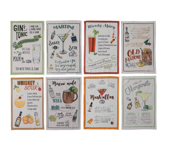 Tea Towel w/ Cocktail Recipe & Art, 8 Styles