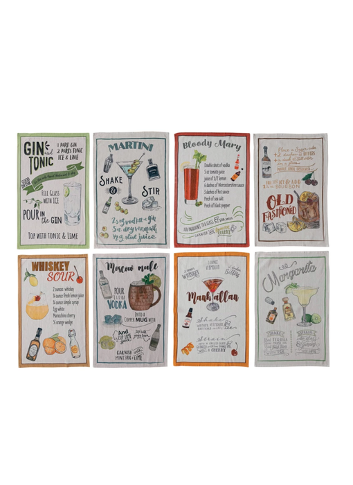 Tea Towel w/ Cocktail Recipe & Art, 8 Styles