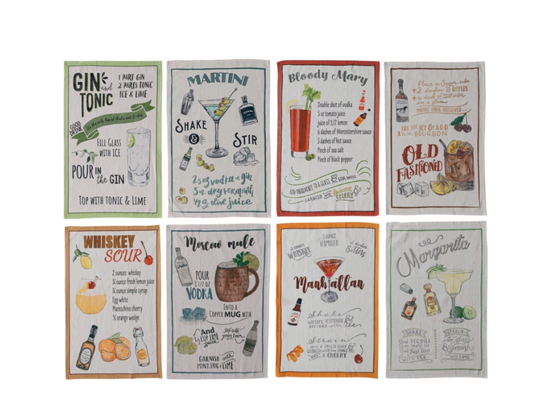 Creative Co-OP Tea Towel w/ Cocktail Recipe & Art, 8 Styles