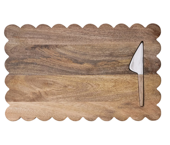 Mango Wood Scalloped Cheese/Serving Board w/ Stainless Steel Cheese Knife, Set of 2