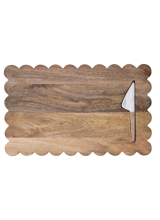 Mango Wood Scalloped Cheese/Serving Board w/ Stainless Steel Cheese Knife, Set of 2