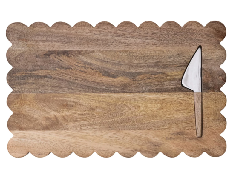 Creative Co-OP Mango Wood Scalloped Cheese/Serving Board w/ Stainless Steel Cheese Knife, Set of 2