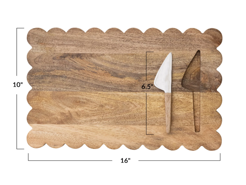 Creative Co-OP Mango Wood Scalloped Cheese/Serving Board w/ Stainless Steel Cheese Knife, Set of 2