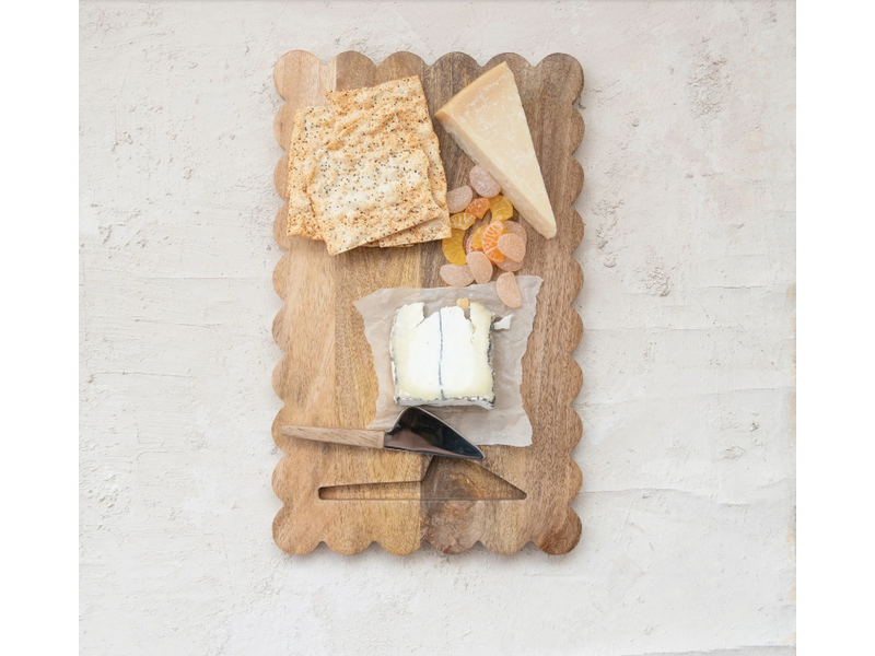 Creative Co-OP Mango Wood Scalloped Cheese/Serving Board w/ Stainless Steel Cheese Knife, Set of 2
