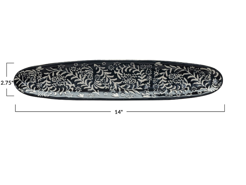 Creative Co-OP Stoneware Platter w/ B&W Wax Relief Botanicals