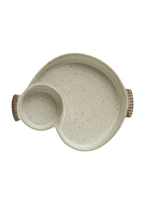 Stoneware Chip & Dip w/ Handles, Reactive Glaze, Cream Color