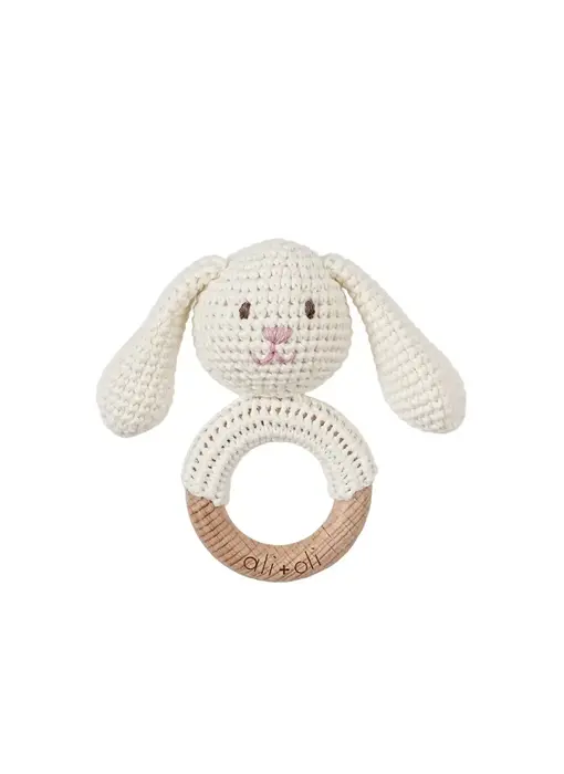 Baby Teething Toy Rattle Wood Ring Crochet (Rabbit)