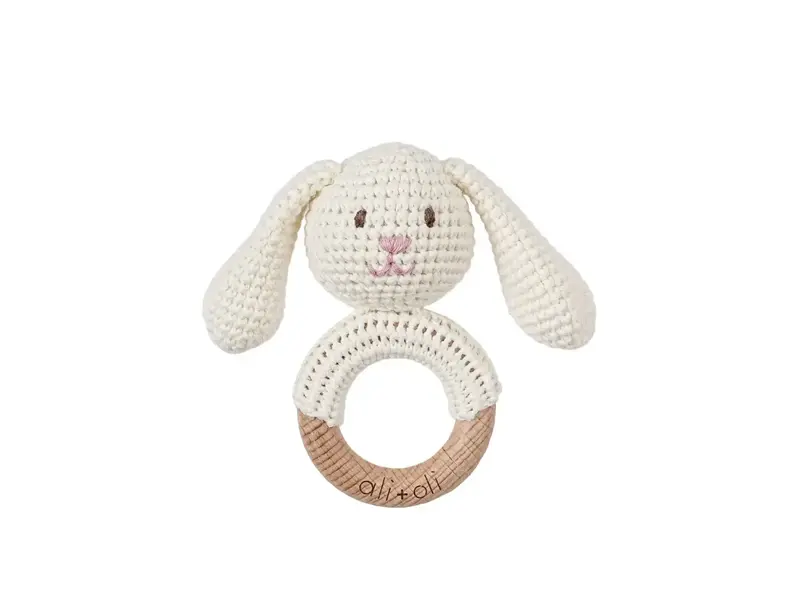 Ali + Oli Baby Teething Toy Rattle Wood Ring Crochet (Rabbit)