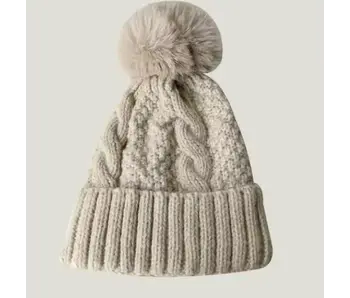 Fuzzy Knitted Pom Beanie Hats- Ivory