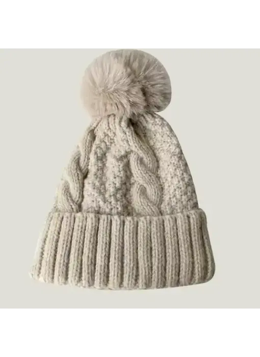 Fuzzy Knitted Pom Beanie Hats- Ivory