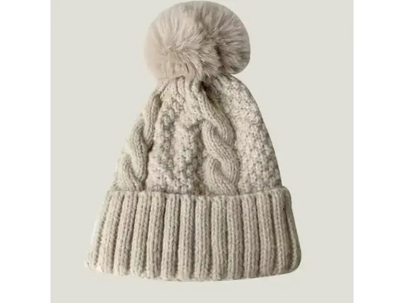 LoveLina Fuzzy Knitted Pom Beanie Hats- Ivory