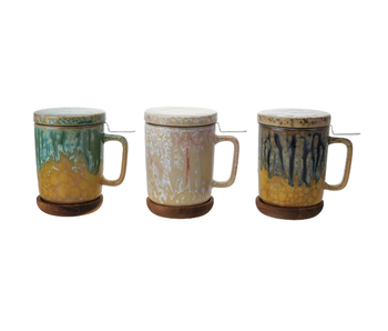 10oz. Mug with Strainer, Lid & Saucer, Set of 3, 3 Styles