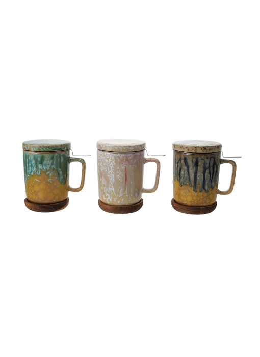 10oz. Mug with Strainer, Lid & Saucer, Set of 3, 3 Styles