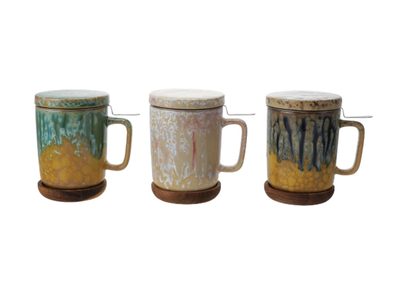 Creative Co-OP 10oz. Mug with Strainer, Lid & Saucer, Set of 3, 3 Styles