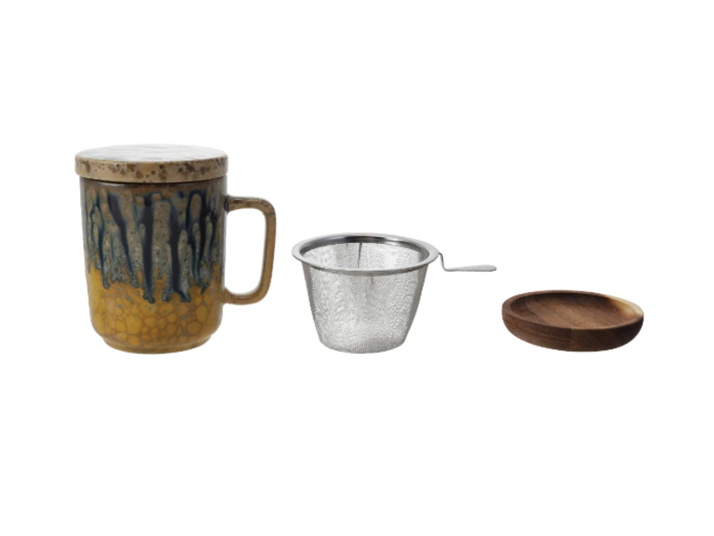 Creative Co-OP 10oz. Mug with Strainer, Lid & Saucer, Set of 3, 3 Styles