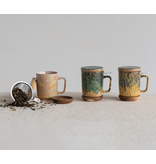 Creative Co-OP 10oz. Mug with Strainer, Lid & Saucer, Set of 3, 3 Styles
