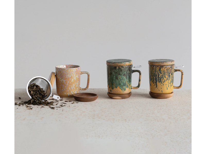 Creative Co-OP 10oz. Mug with Strainer, Lid & Saucer, Set of 3, 3 Styles