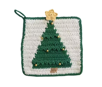 8" Square Cotton Crocheted Pot Holder with Christmas Tree & Beads