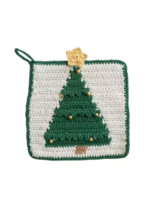 8" Square Cotton Crocheted Pot Holder with Christmas Tree & Beads