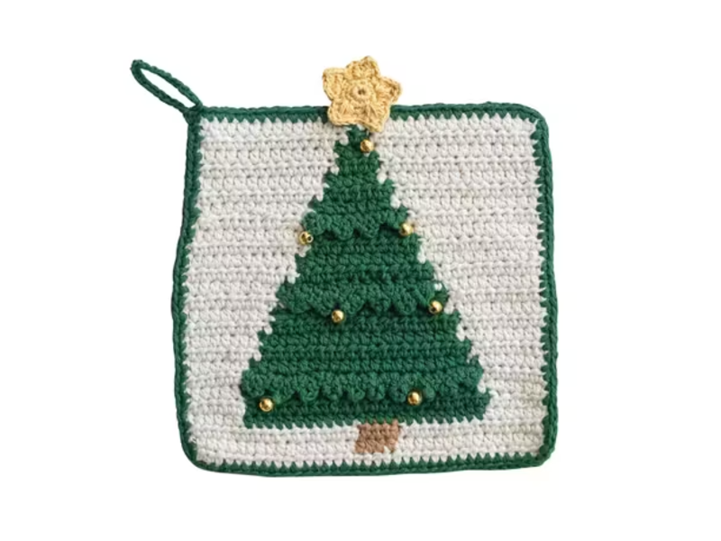 Creative Co-OP 8" Square Cotton Crocheted Pot Holder with Christmas Tree & Beads