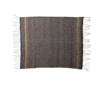 Brushed Acrylic & New Zealand Wool Throw with Stripe & Fringe - Gray