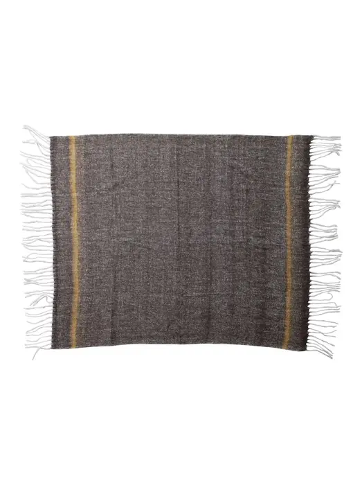 Brushed Acrylic & New Zealand Wool Throw with Stripe & Fringe - Gray