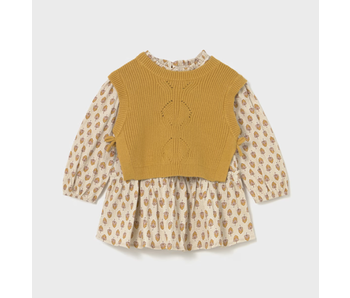 Printed Dress with Knit Vest - Honey Heather