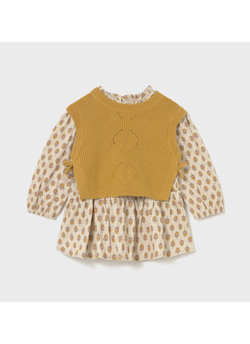 Printed Dress with Knit Vest - Honey Heather