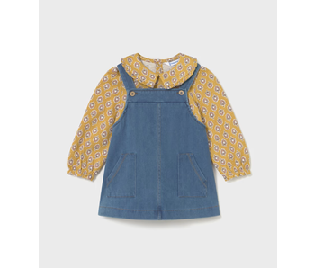 Printed Peter Pan Collar Shirt with Denim Overall Dress