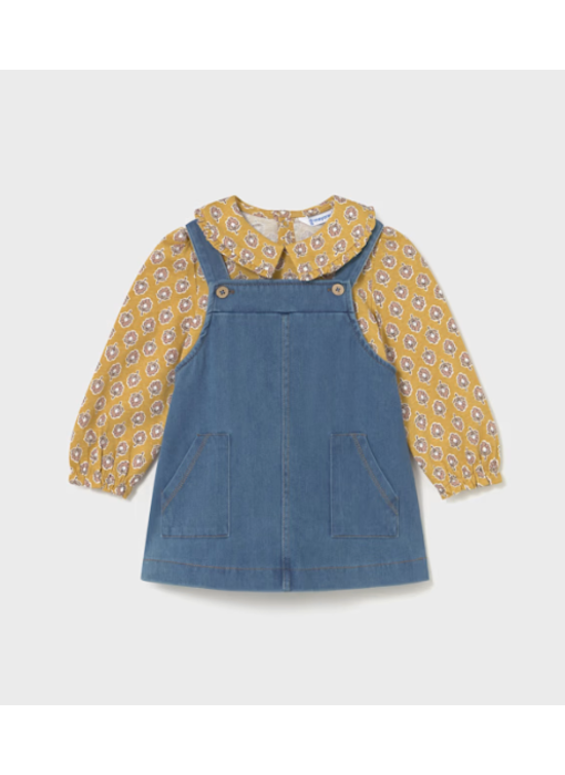 Printed Peter Pan Collar Shirt with Denim Overall Dress