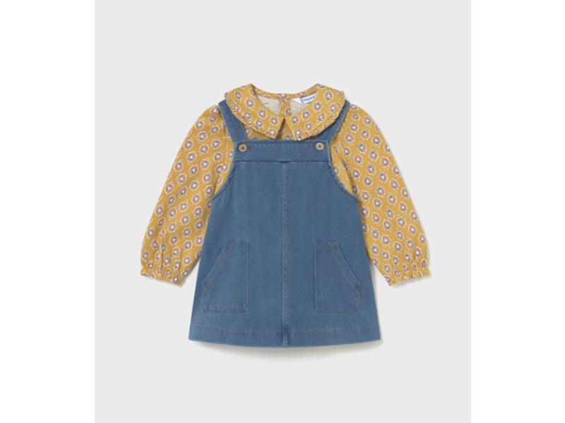 Mayoral Printed Peter Pan Collar Shirt with Denim Overall Dress