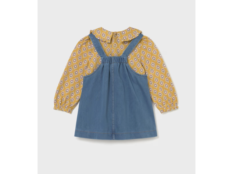 Mayoral Printed Peter Pan Collar Shirt with Denim Overall Dress