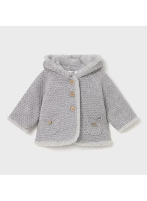 Knit Jacket with Faux Fur Pom - Steam Grey
