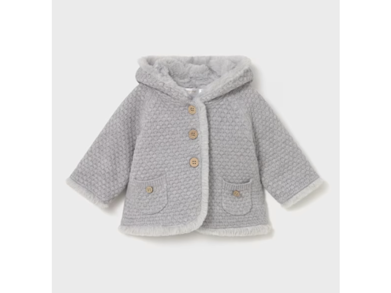 Mayoral Knit Jacket with Faux Fur Pom - Steam Grey