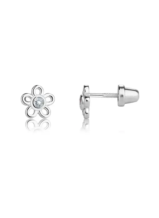 Sterling Silver Kids Screw-Back Outline Daisy Earrings Clear