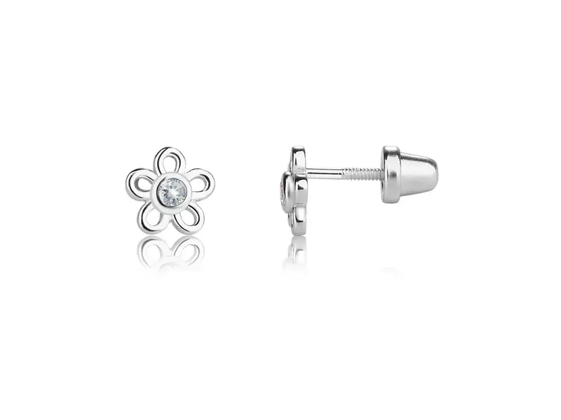 Cherished Moments Sterling Silver Kids Screw-Back Outline Daisy Earrings Clear