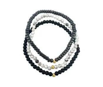 Men's Triple Stretch Bead Bracelet Set White, Black, Silver