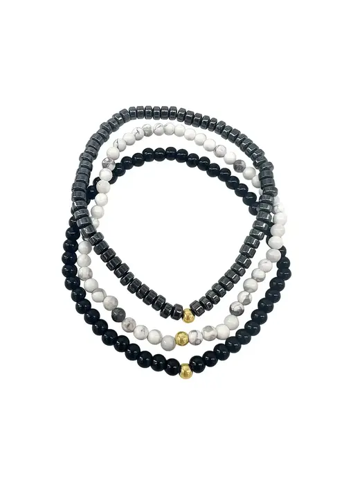 Men's Triple Stretch Bead Bracelet Set White, Black, Silver