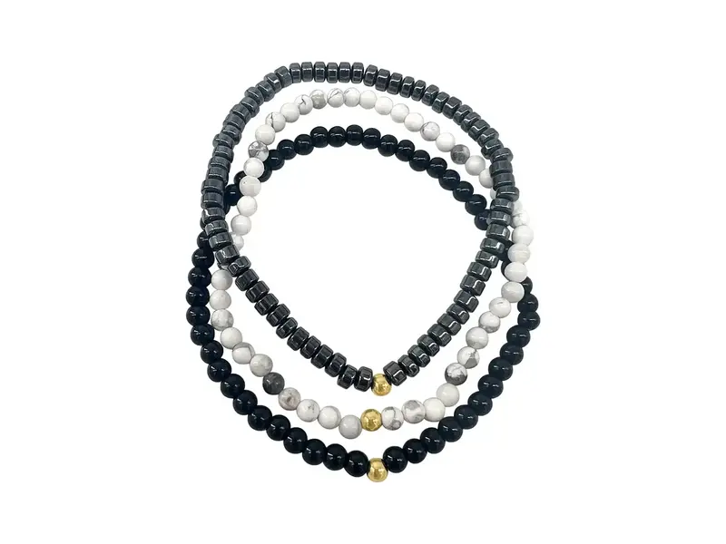 Adornia Men's Triple Stretch Bead Bracelet Set White, Black, Silver