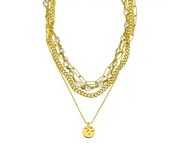 Messy Layered Necklace with Coin Charm Silver Gold