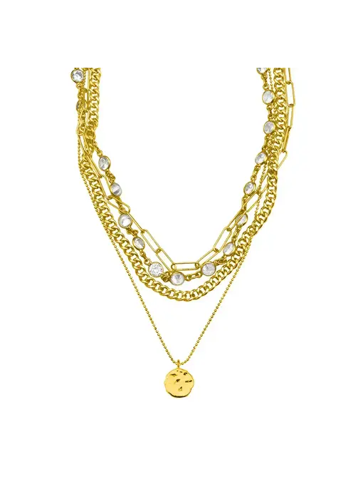 Messy Layered Necklace with Coin Charm Silver Gold