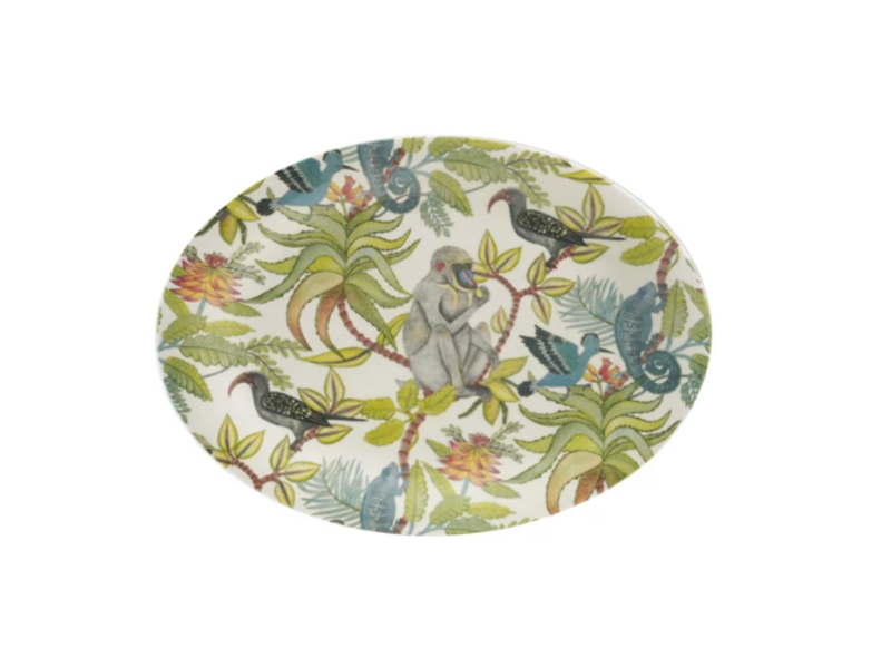Creative Co-OP Oval Printed Stoneware Platter w/ Rainforest Botanicals